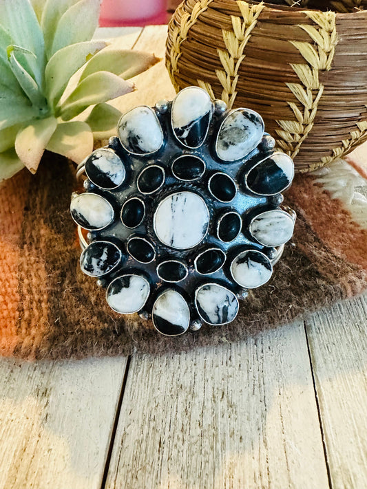 Navajo White Buffalo & Sterling Silver Cluster Cuff Bracelet