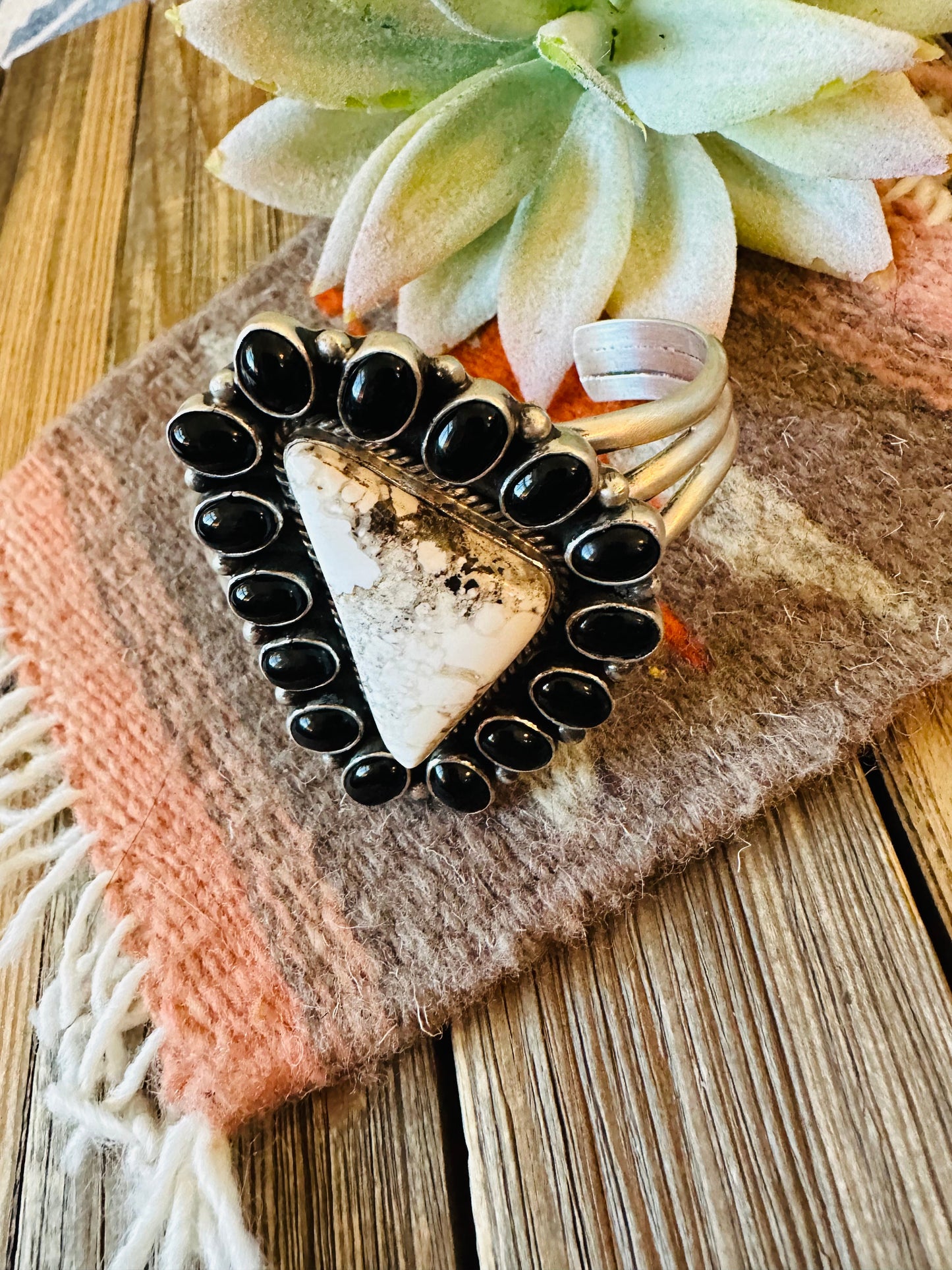 Navajo White Buffalo, Onyx & Sterling Silver Cuff Bracelet