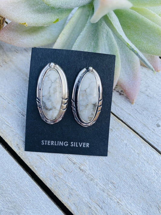 Navajo White Buffalo And Sterling Silver Post Earrings Signed