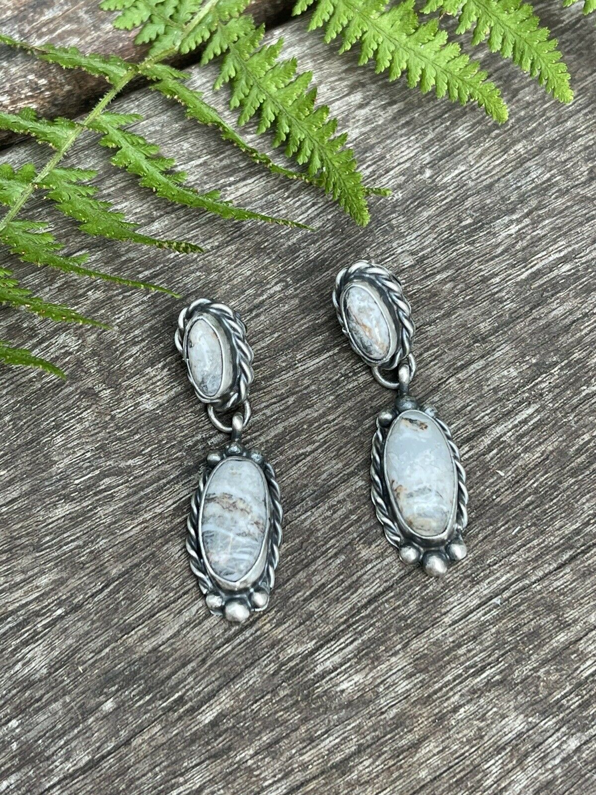 Navajo Sterling Silver & White Buffalo 2 Stone Rope Dangle Earrings