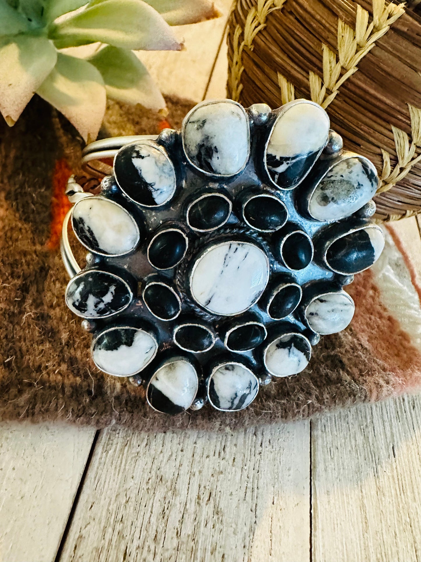 Navajo White Buffalo & Sterling Silver Cluster Cuff Bracelet