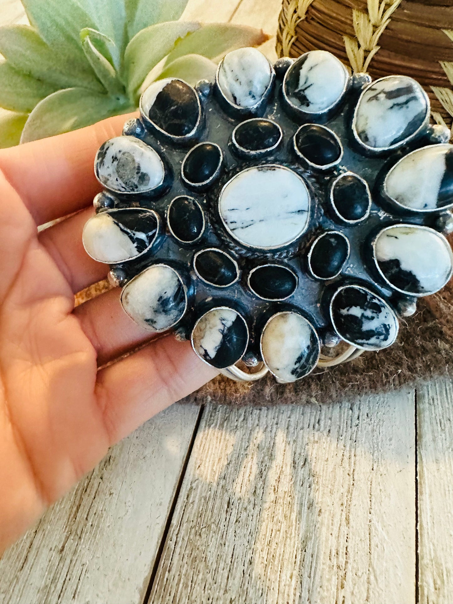 Navajo White Buffalo & Sterling Silver Cluster Cuff Bracelet