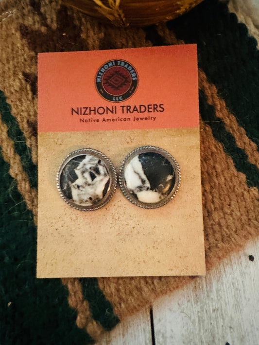 Navajo White Buffalo & Sterling Silver Post Earrings