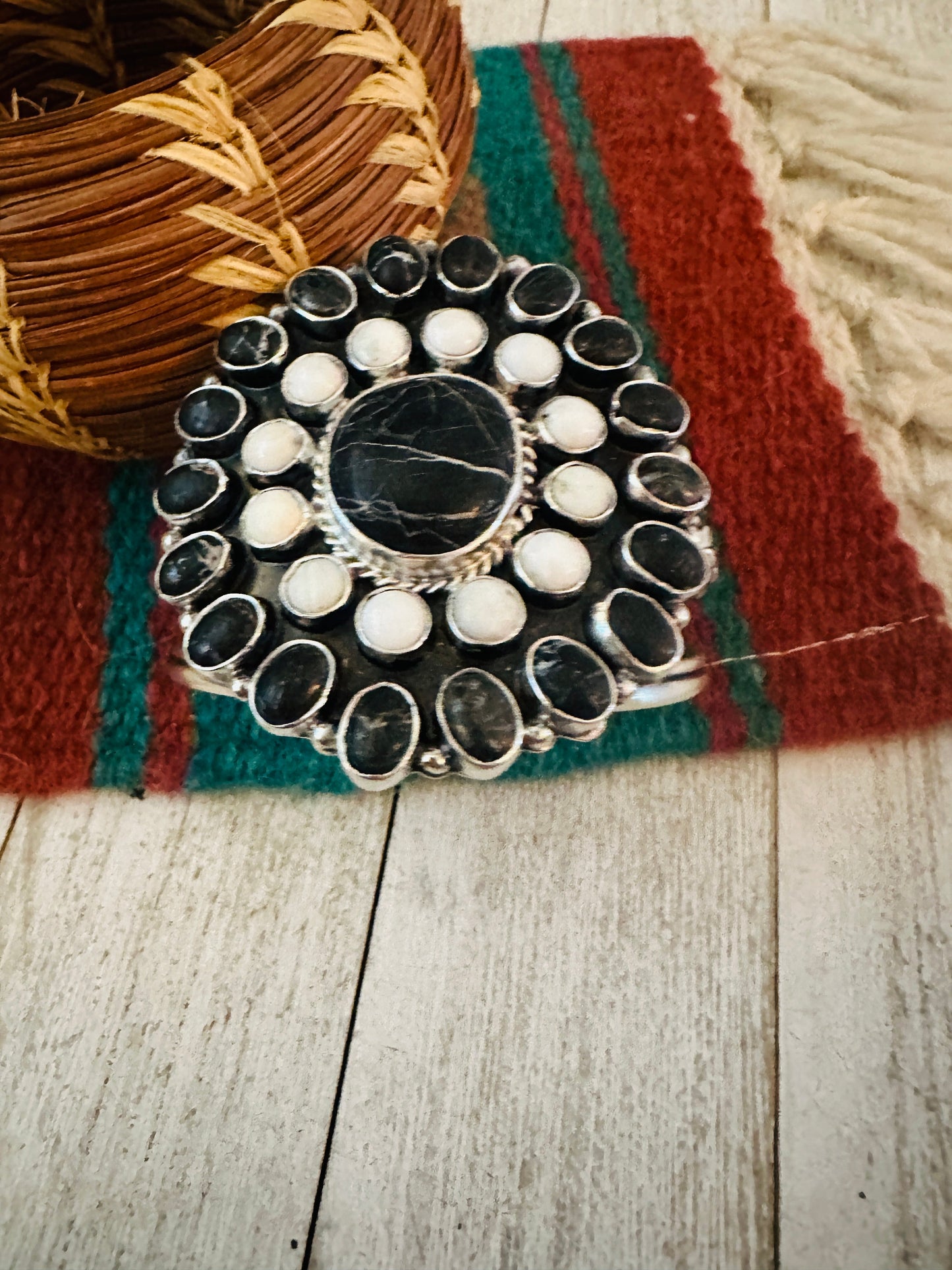 Navajo White Buffalo & Sterling Silver Cluster Cuff Bracelet