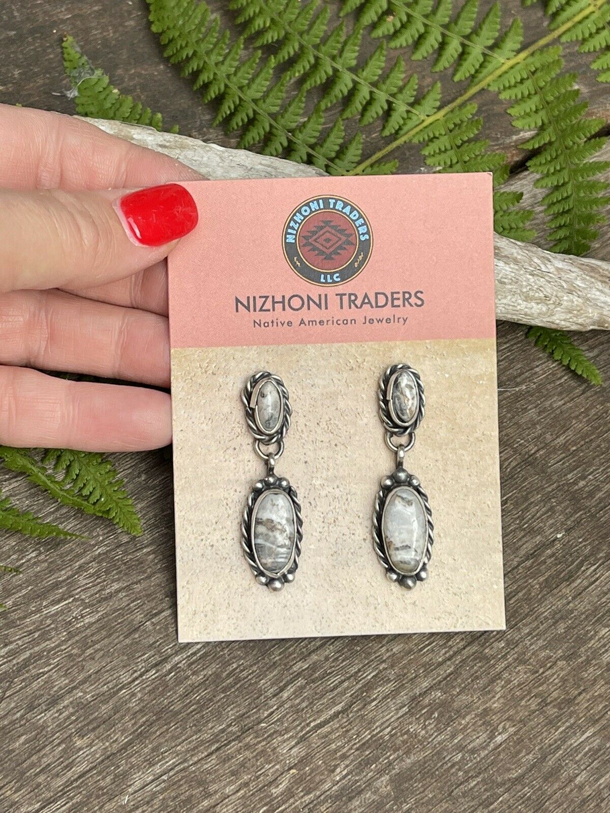 Navajo Sterling Silver & White Buffalo 2 Stone Rope Dangle Earrings