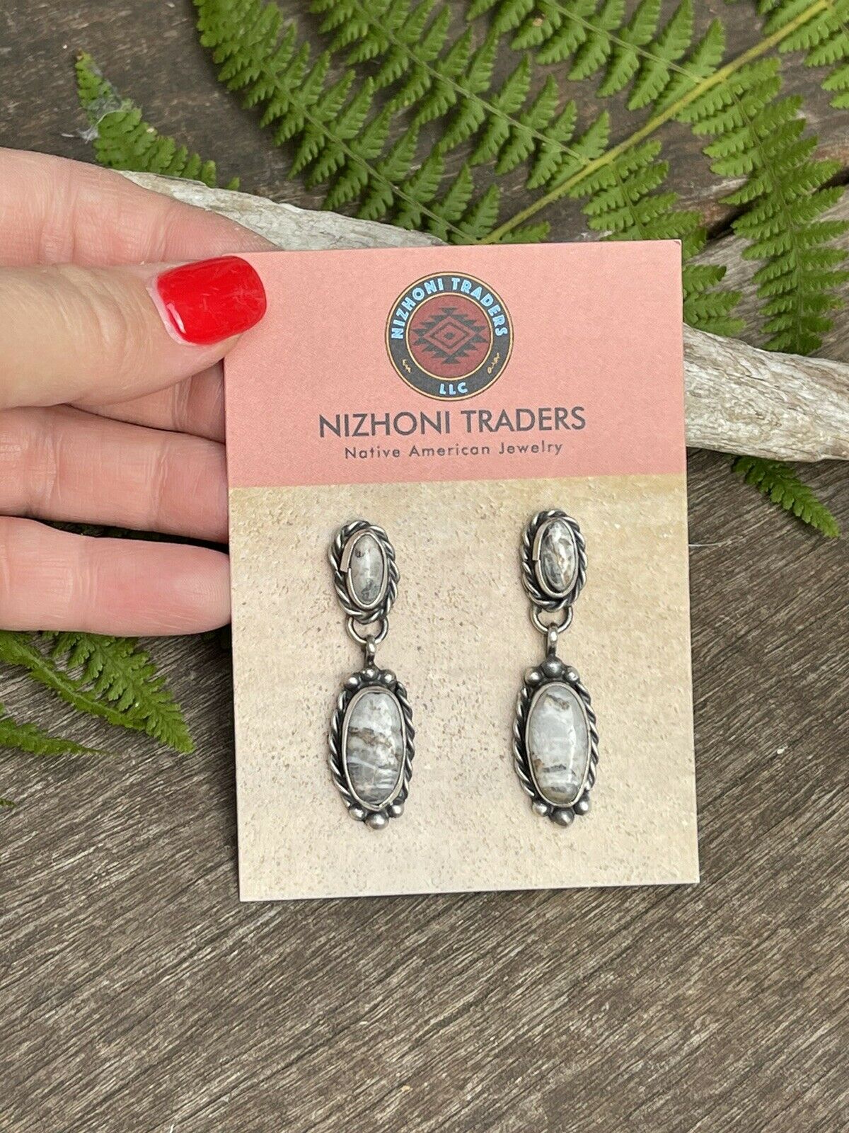 Navajo Sterling Silver & White Buffalo 2 Stone Rope Dangle Earrings