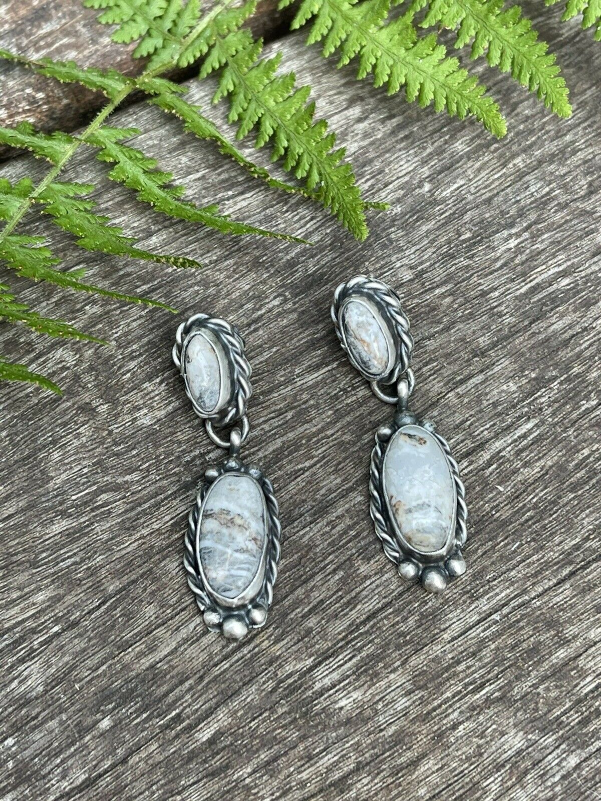 Navajo Sterling Silver & White Buffalo 2 Stone Rope Dangle Earrings