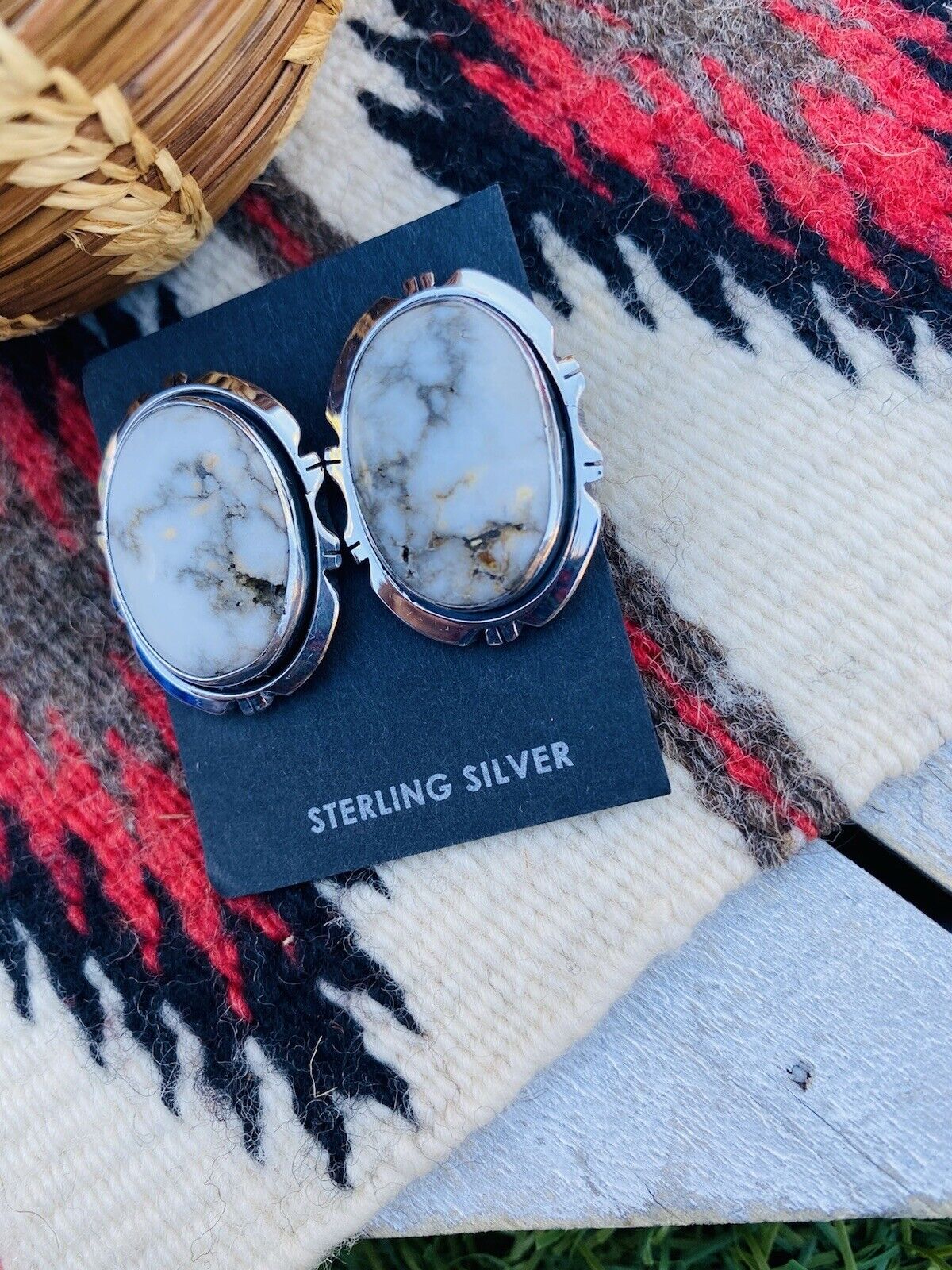 Navajo White Buffalo And Sterling Silver Post Earrings Signed