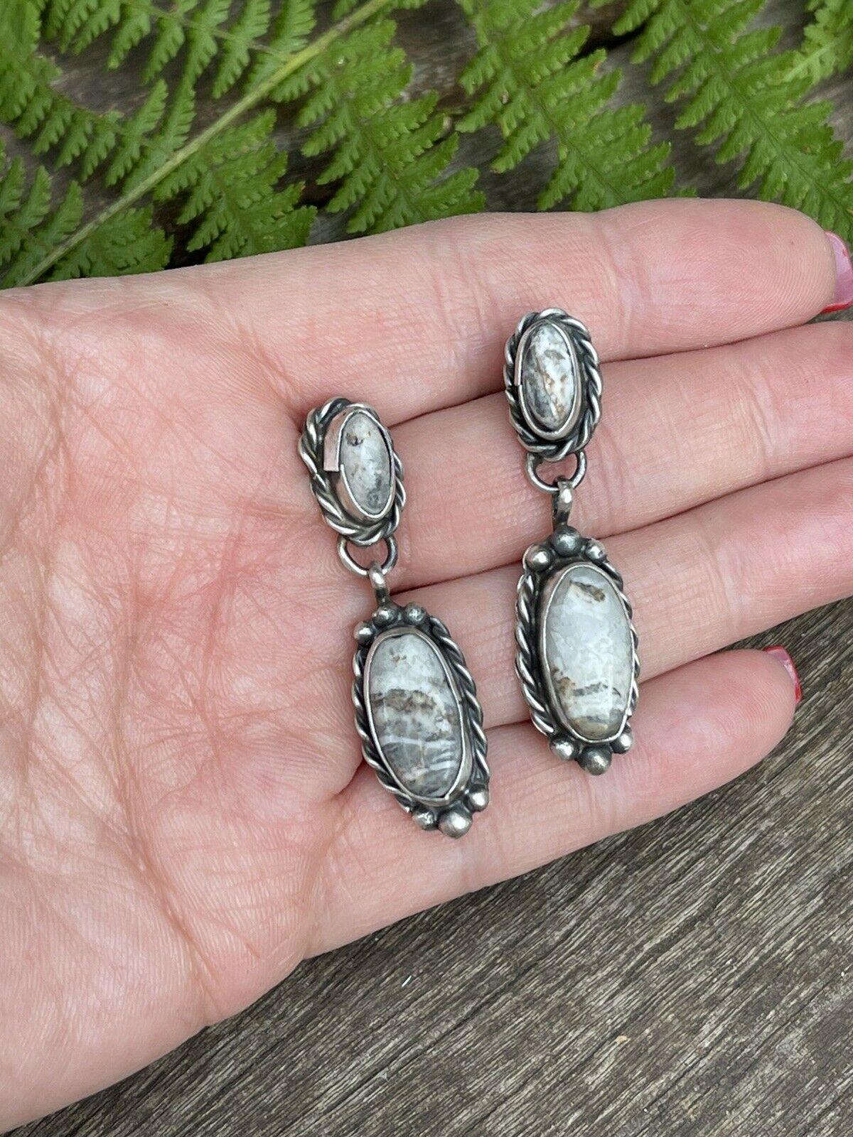 Navajo Sterling Silver & White Buffalo 2 Stone Rope Dangle Earrings