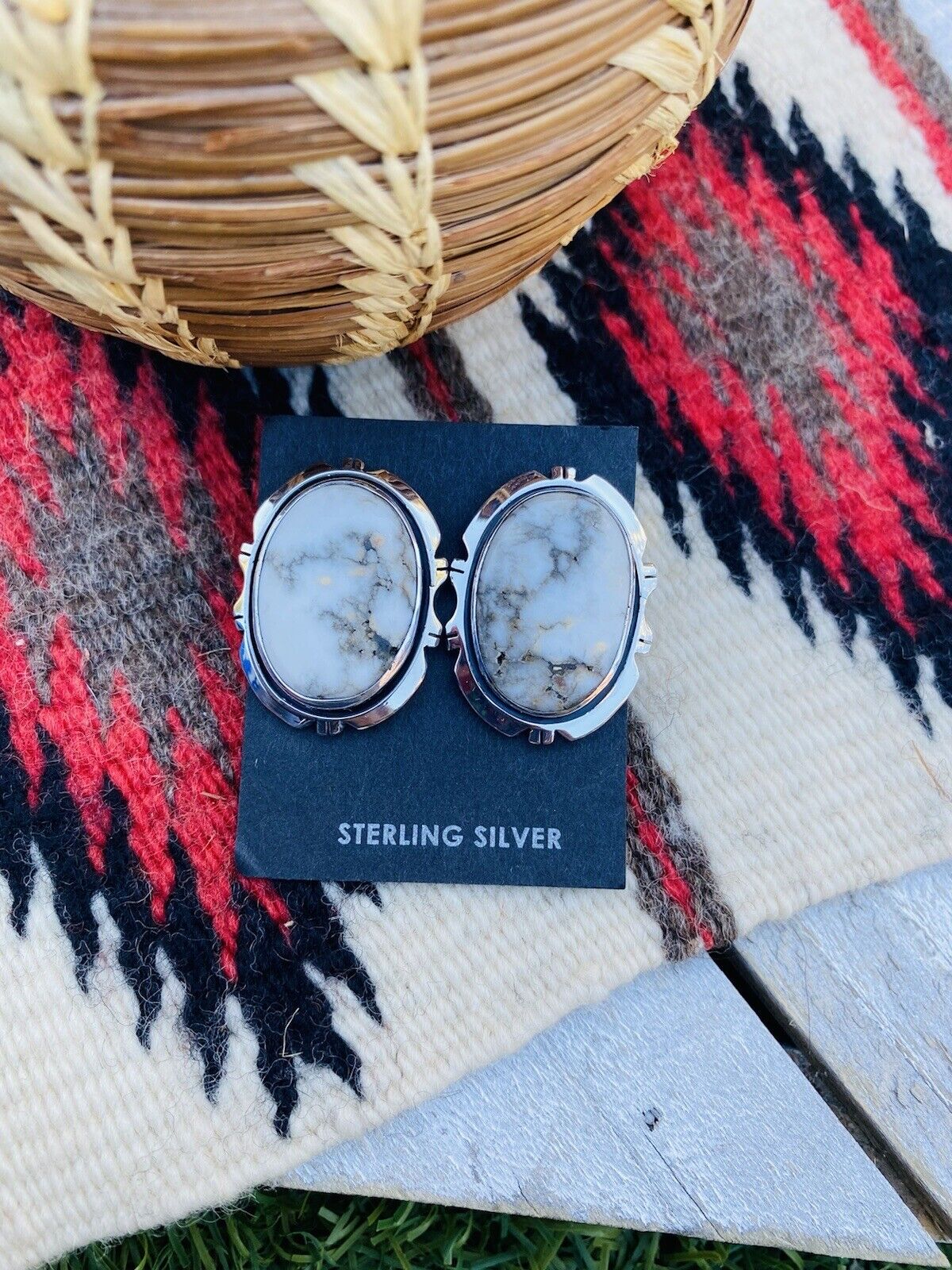 Navajo White Buffalo And Sterling Silver Post Earrings Signed