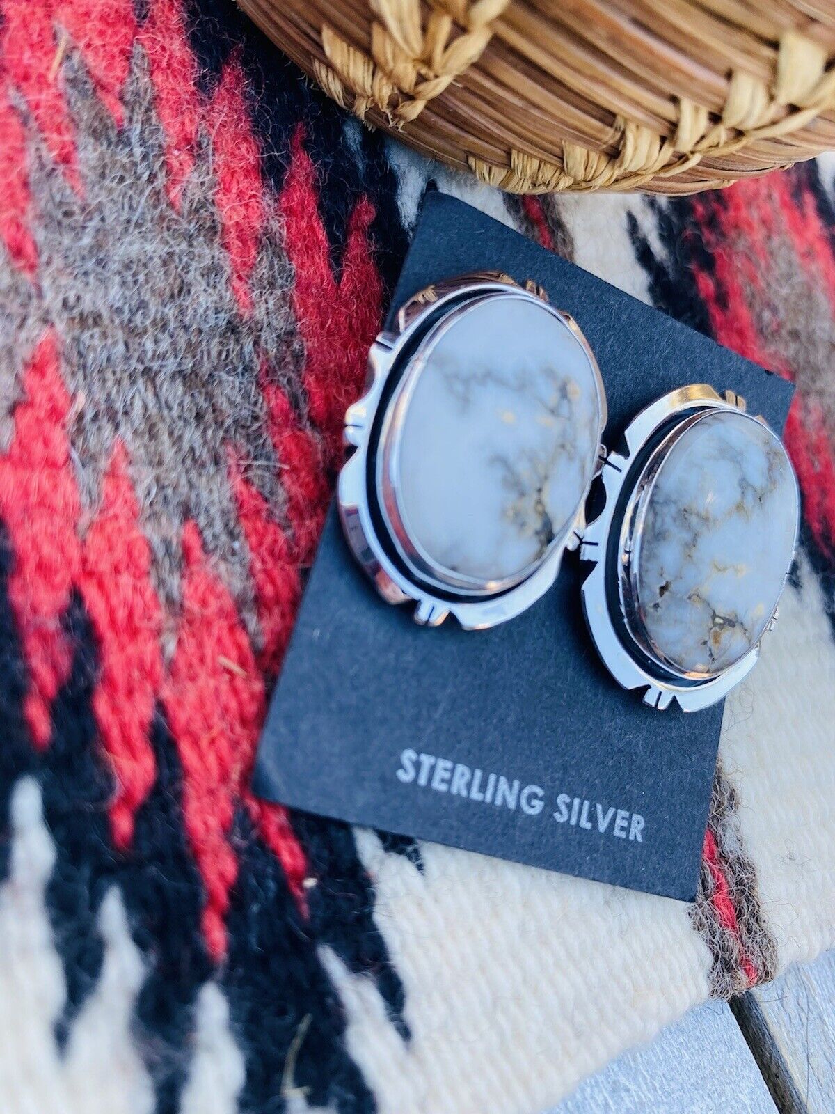 Navajo White Buffalo And Sterling Silver Post Earrings Signed