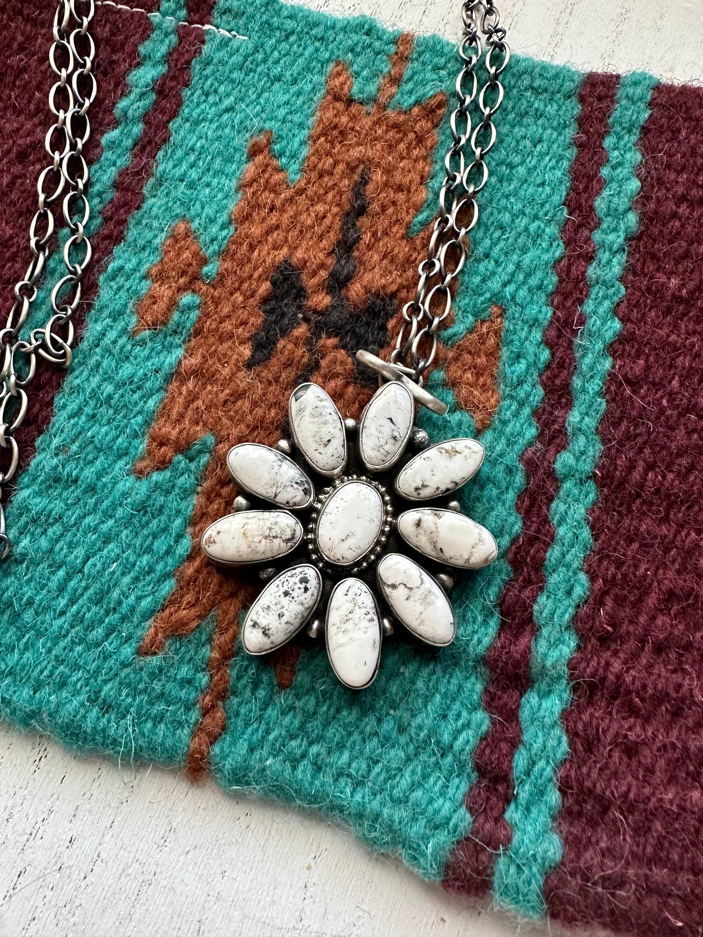 Navajo Handmade White Buffalo And Sterling Silver Cluster Necklace Signed