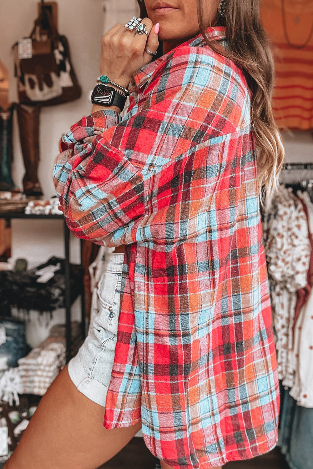 Red Plaid Print Drop Sleeve Loose Shirt