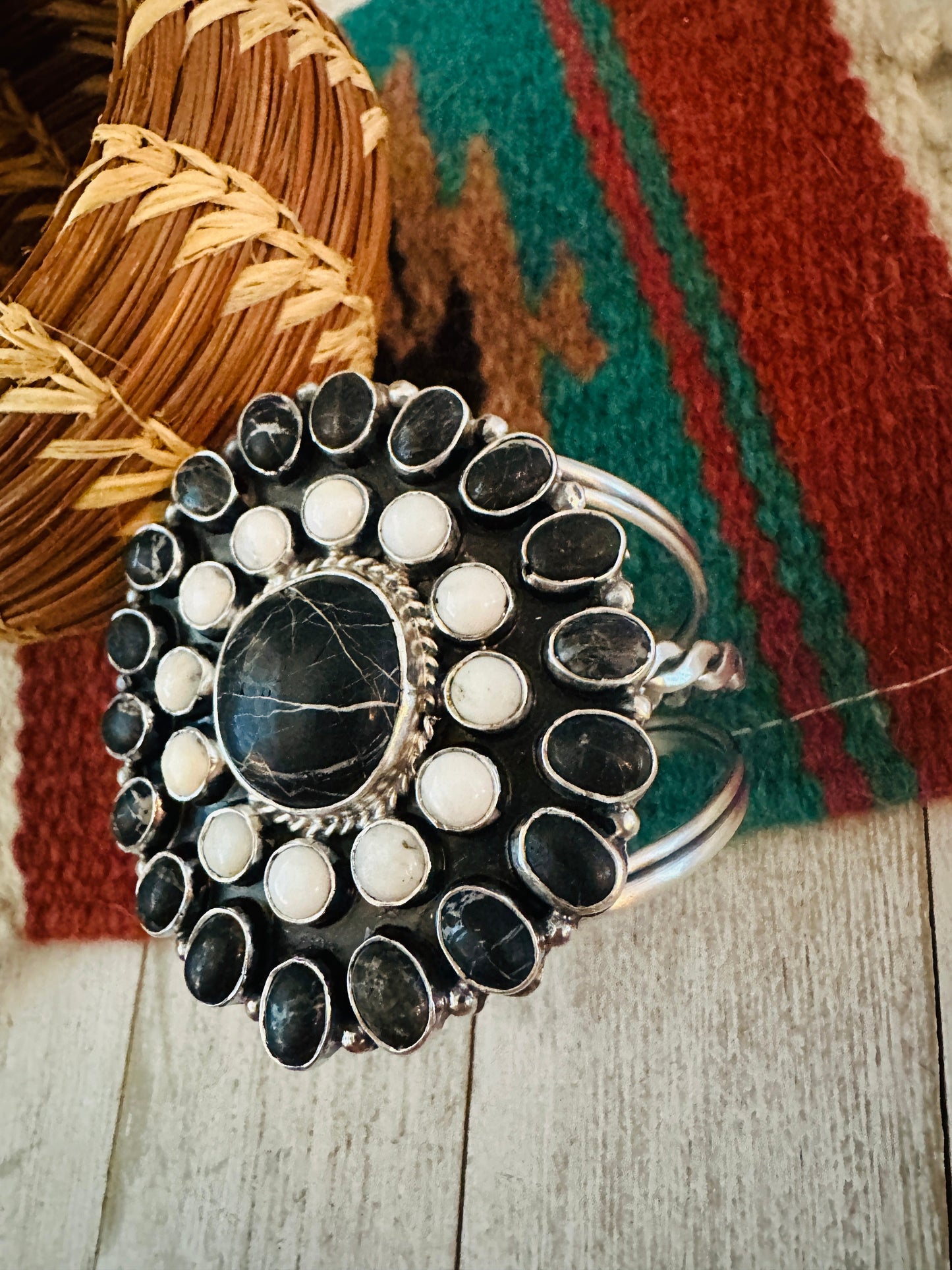 Navajo White Buffalo & Sterling Silver Cluster Cuff Bracelet