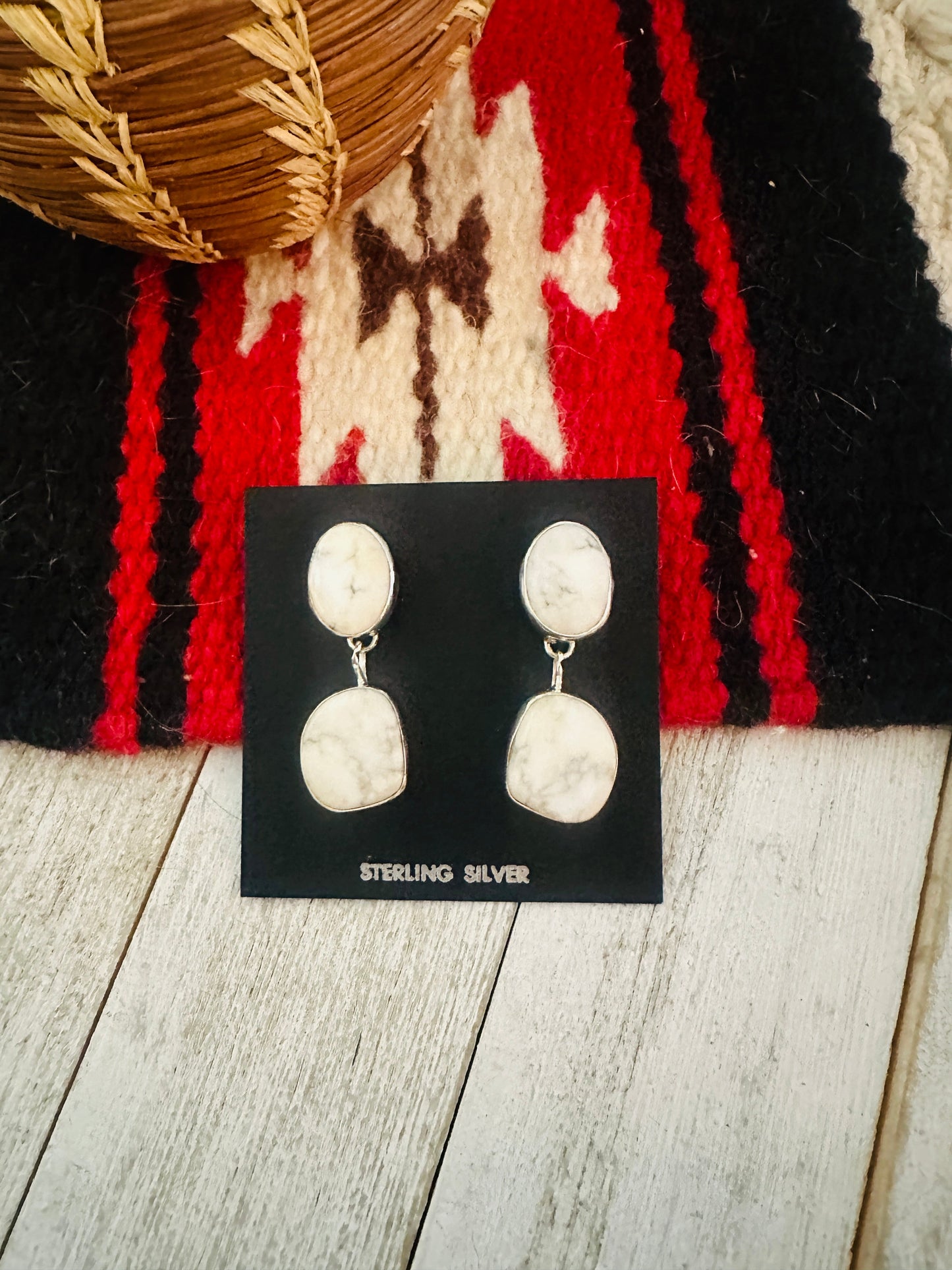 Navajo White Buffalo and Sterling Silver Dangle Earrings