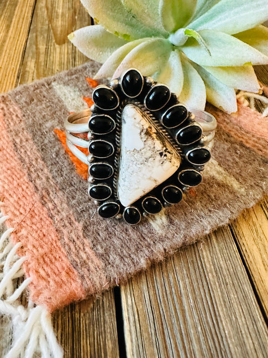 Navajo White Buffalo, Onyx & Sterling Silver Cuff Bracelet