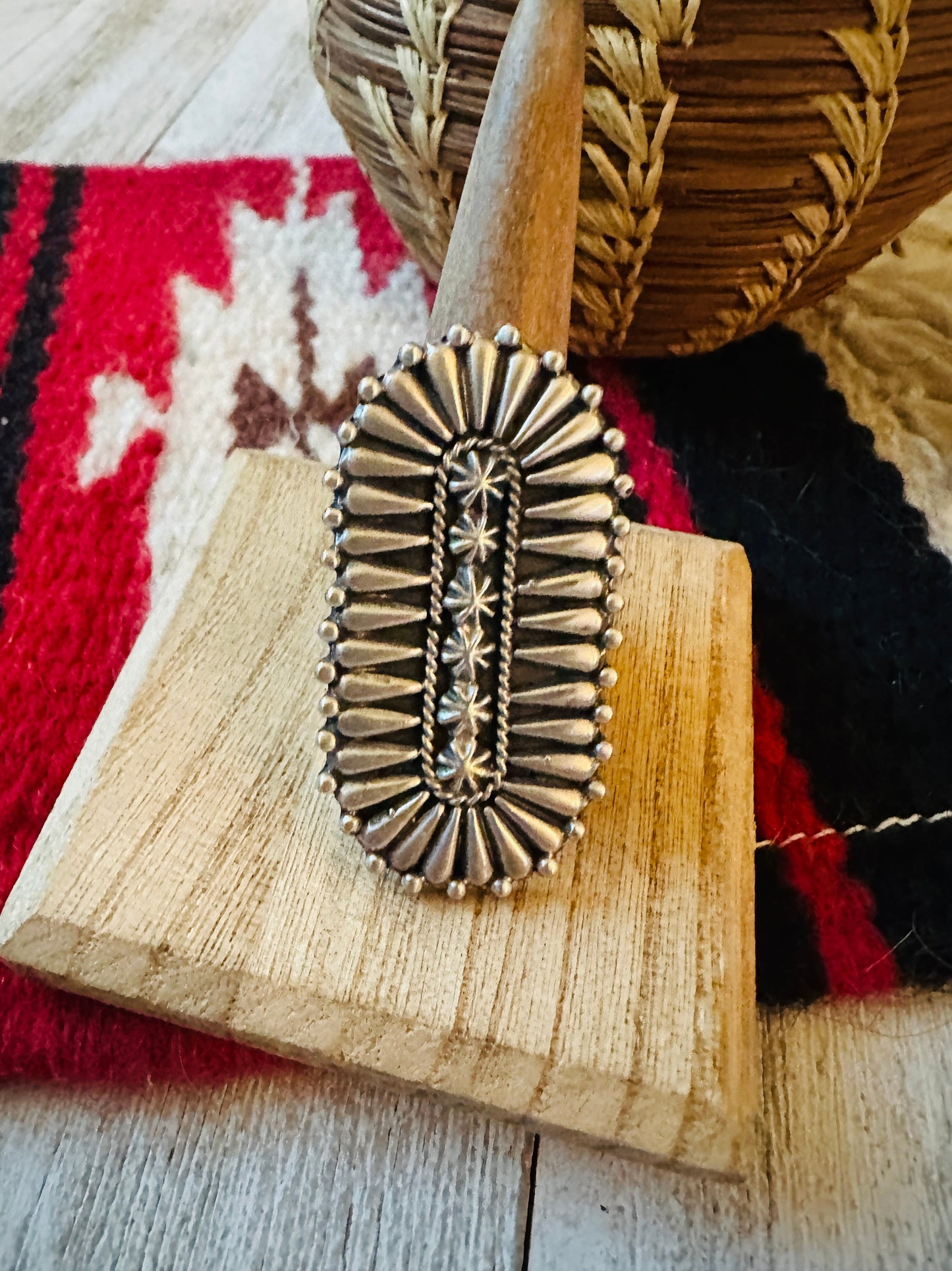 Navajo Hand Stamped Sterling Silver Adjustable Concho Ring