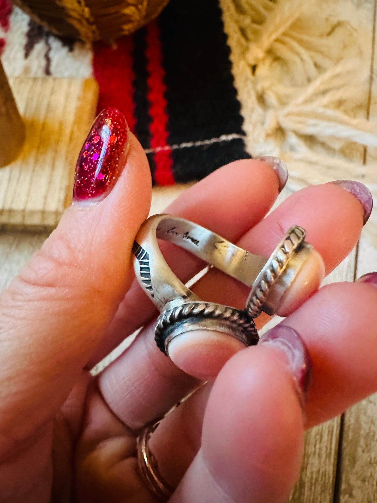 Navajo Sterling Silver & Queen Pink Conch Adjustable Ring