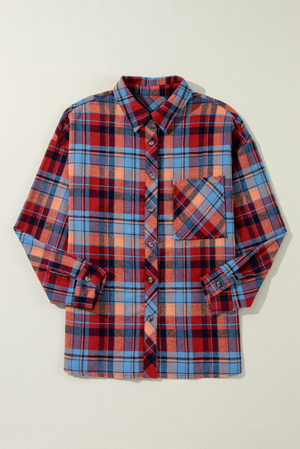 Red Plaid Print Drop Sleeve Loose Shirt