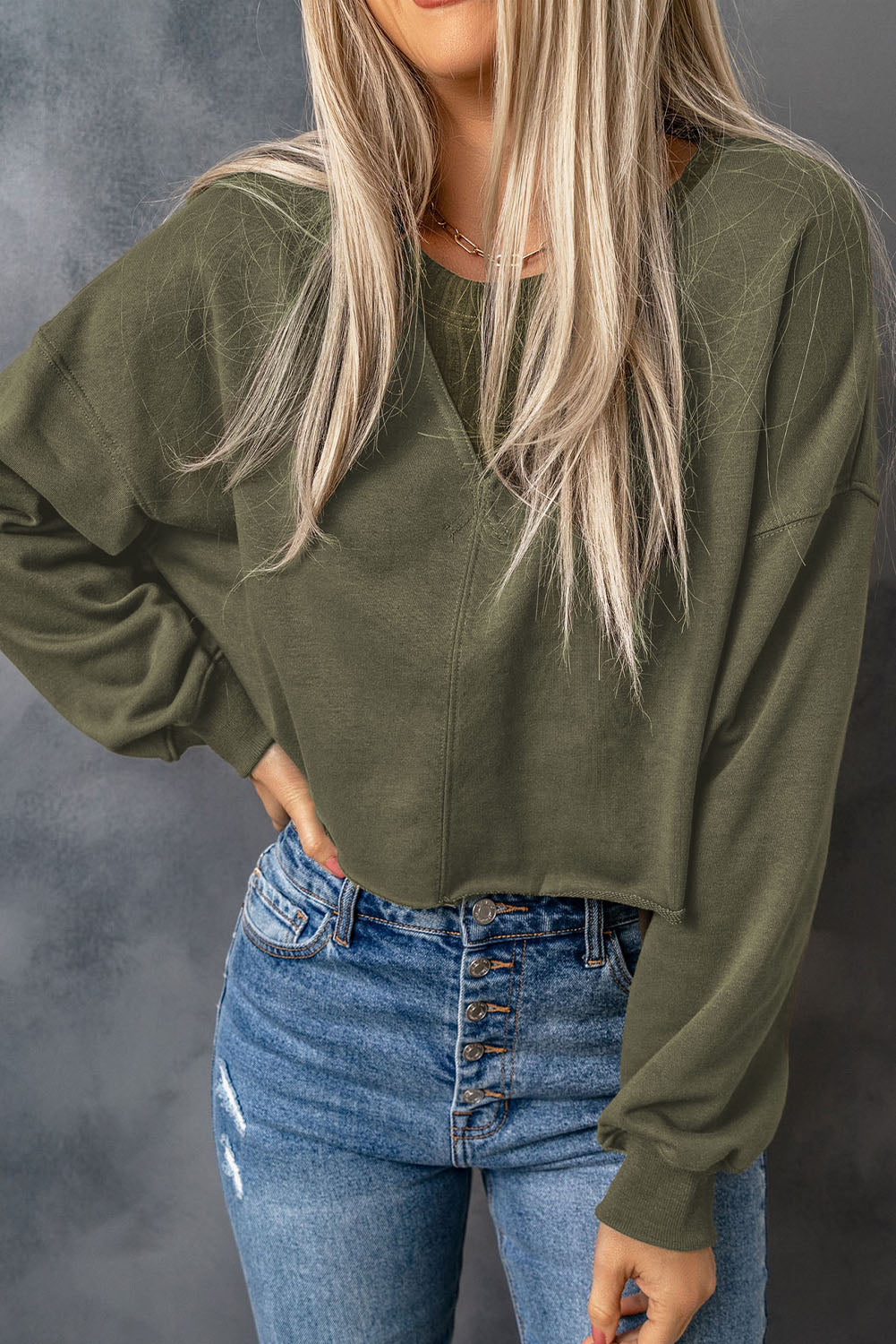 Green Casual Drop Shoulder Cropped Sweatshirt