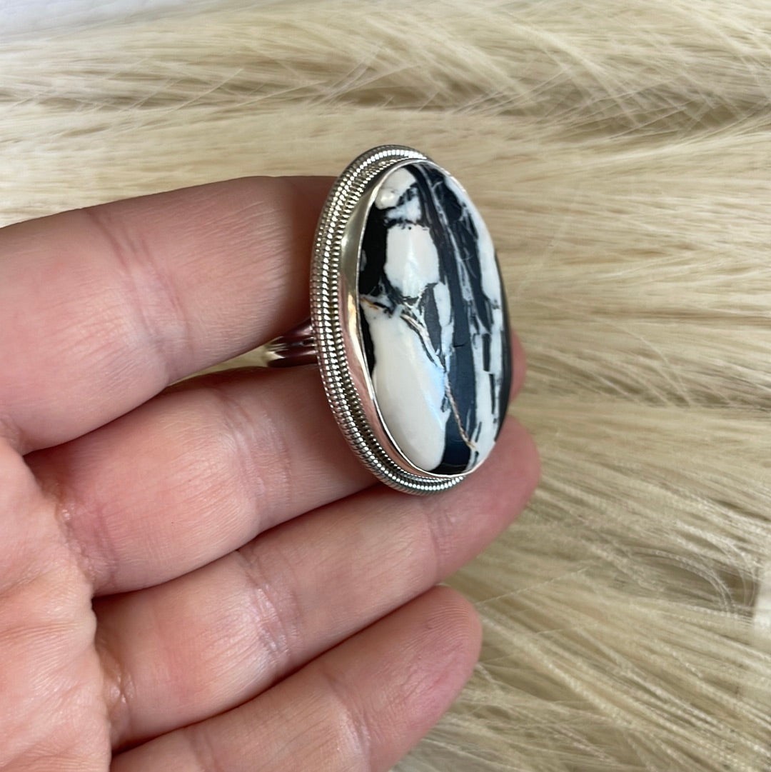 Navajo Sterling Silver & White Buffalo Ring Size 8 Signed