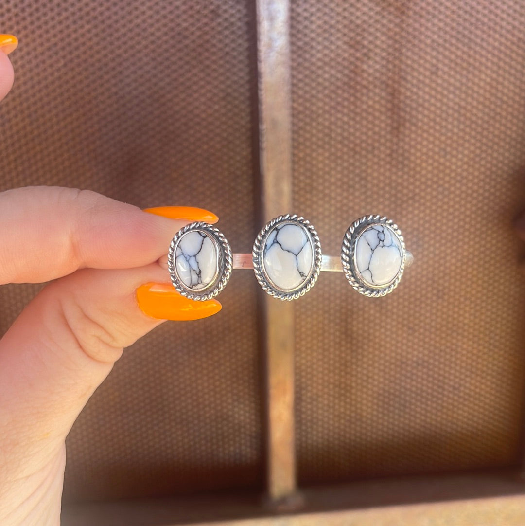 Navajo Sterling Silver White Buffalo Adjustable Triple Threat Ring Signed