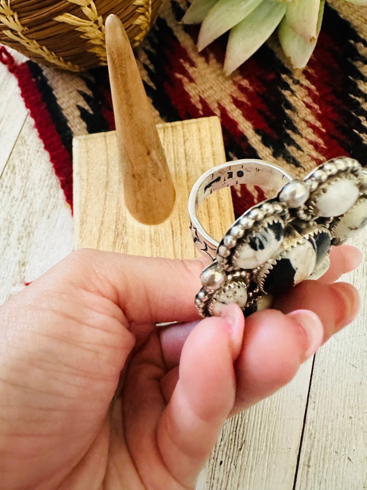 Navajo Sterling Silver And White Buffalo Cluster Adjustable Ring