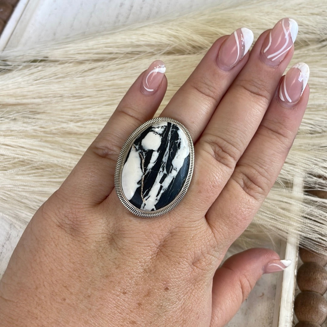 Navajo Sterling Silver & White Buffalo Ring Size 8 Signed