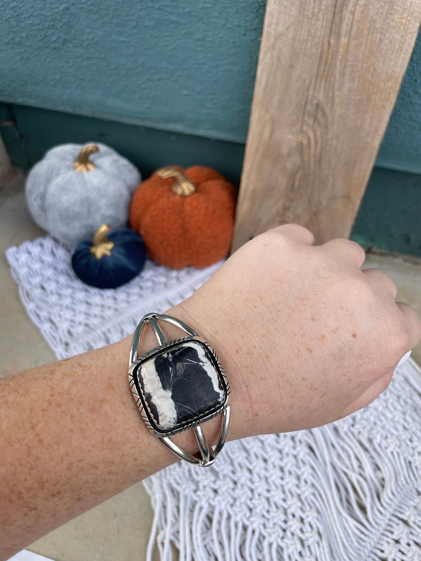 Navajo Sterling Silver And White Buffalo Adjustable Cuff Bracelet