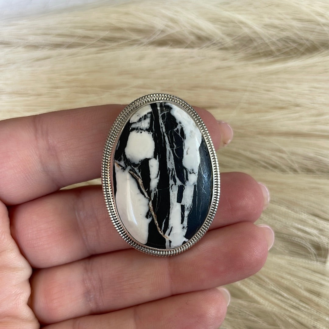 Navajo Sterling Silver & White Buffalo Ring Size 8 Signed