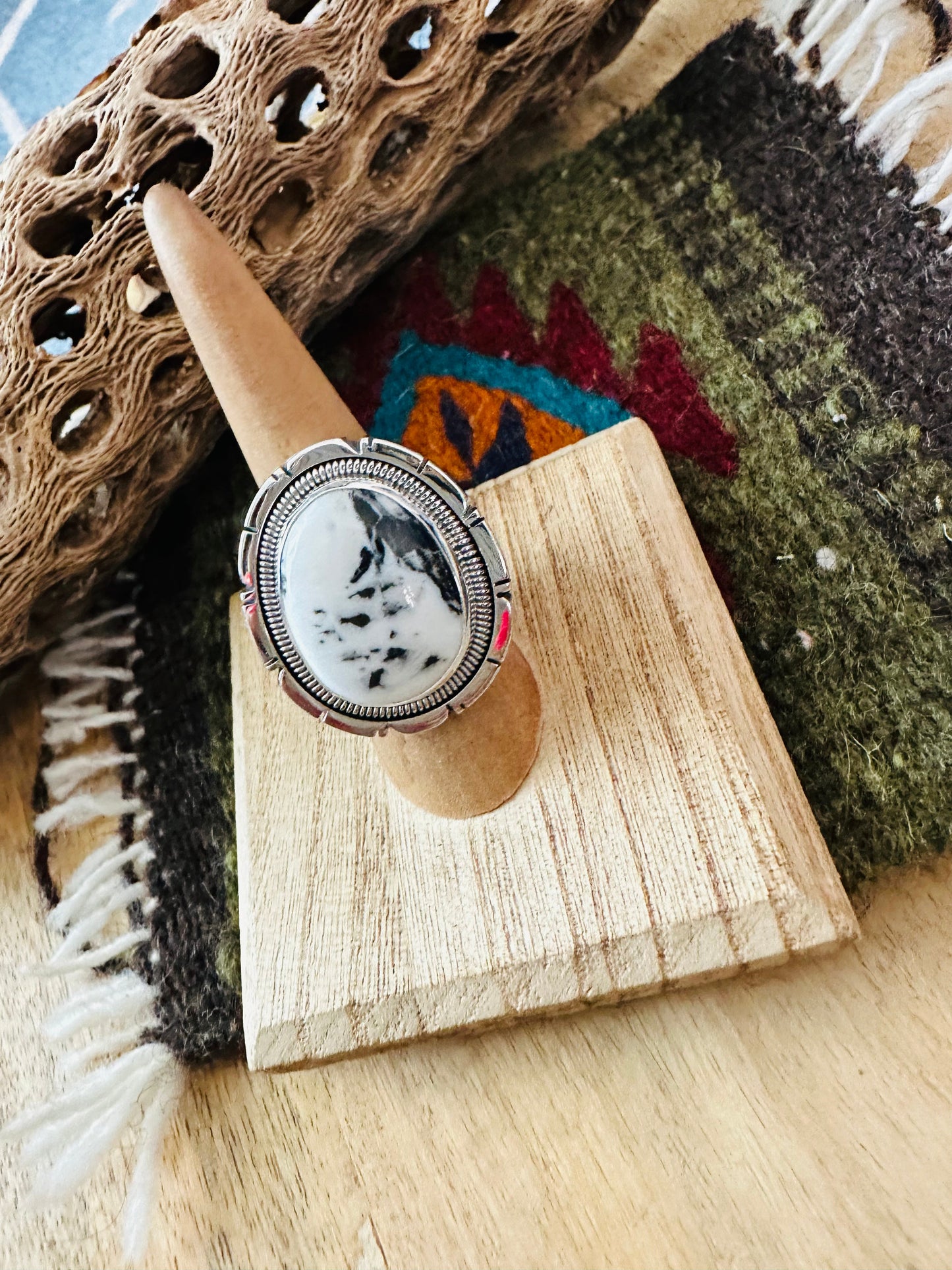 Navajo Sterling Silver & White Buffalo Ring Size 7 by Wydell Billie