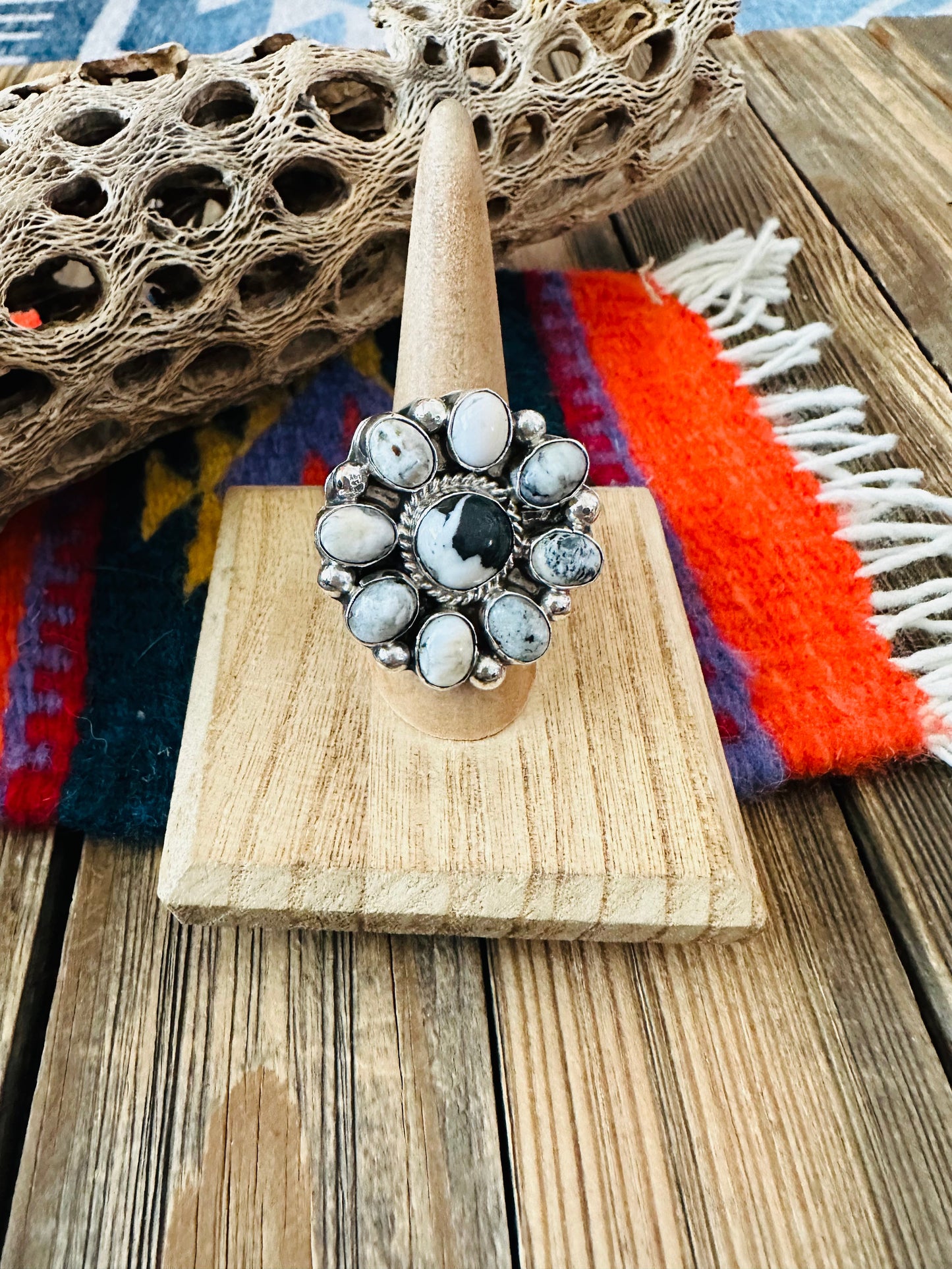 Navajo Sterling Silver And White Buffalo Cluster Adjustable Ring