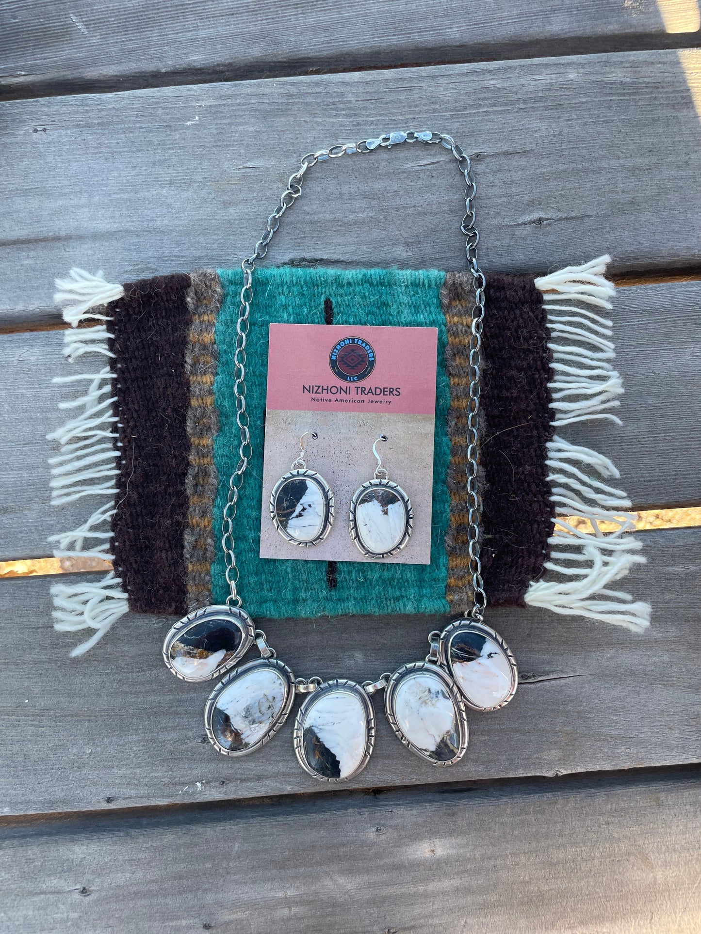 Navajo Sterling Silver & White Buffalo Necklace & Earrings Set Signed