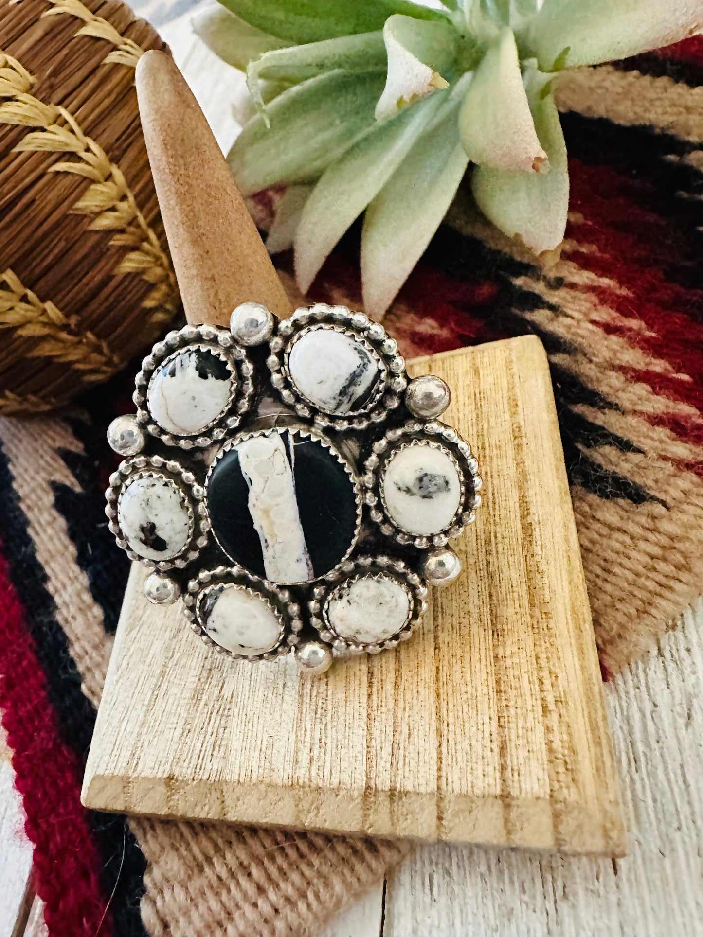 Navajo Sterling Silver And White Buffalo Cluster Adjustable Ring