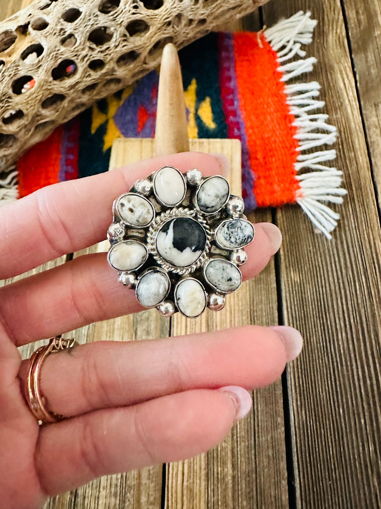 Navajo Sterling Silver And White Buffalo Cluster Adjustable Ring