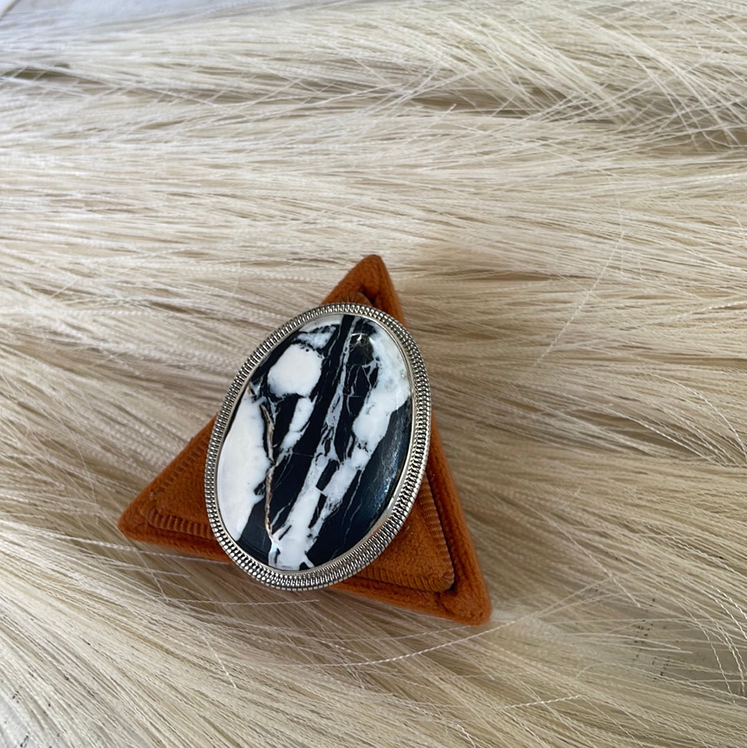 Navajo Sterling Silver & White Buffalo Ring Size 8 Signed